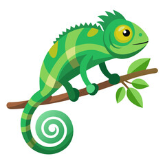 Fototapeta premium Cute green chameleon with yellow eyes perched on a branch isolated on white background