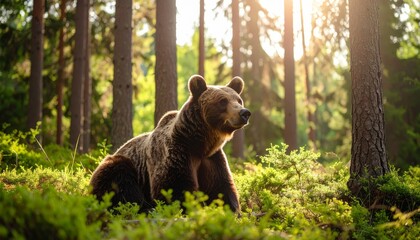 Obraz premium Brown bear rests in boreal forest light