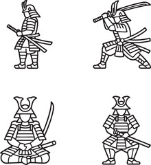 Set of Samurai Outline vector illustration isolated On Transparent Background