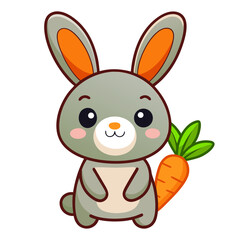 Obraz premium Cute cartoon grey bunny rabbit with a carrot isolated on white background