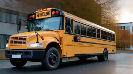 Yellow school bus driving on a rainy autumn day near modern buildings - Powered by Adobe