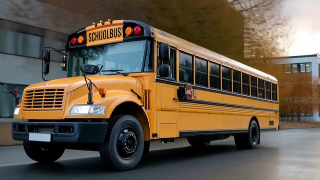 Yellow school bus driving on a rainy autumn day near modern buildings
