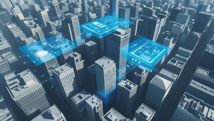 Aerial view of a city with skyscrapers, and blue holographic digital panels displaying data, representing smart city technology.