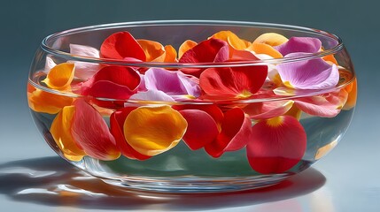 Colorful Flower Petals Floating on Water in a Glass Bowl Creating a Serene and Elegant Atmosphere