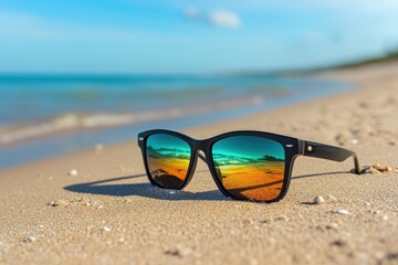 Stylish sunglasses resting on sandy beach with vibrant sunset reflections near calm ocean waters
