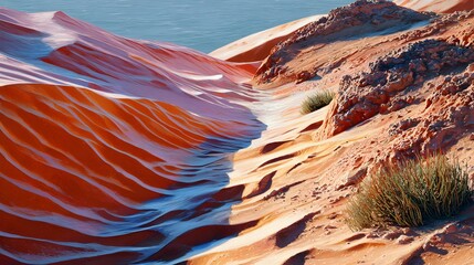 Vast Expanses of Orange Sand Dunes Framed by Tranquil Blue Water in a Desert Landscape
