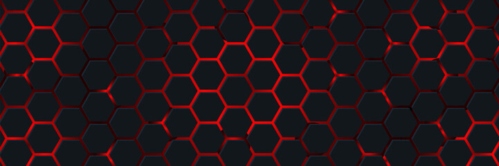 Obraz premium Black hexagon and red light.Abstract 3d background