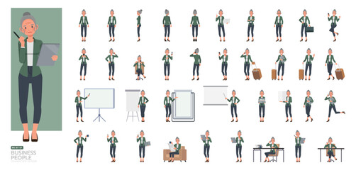 Big Set of Business woman with white hair tied up wear green shirt character vector design. People working in office planning, thinking and economic analysis.