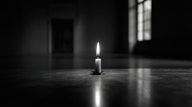 Single candle flame in dark room