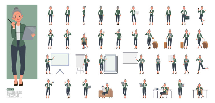 Big Set of Business woman with white hair tied up wear green shirt character vector design. People working in office planning, thinking and economic analysis.