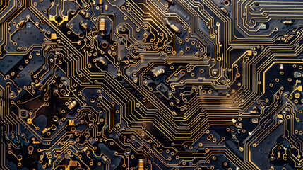 Close-Up of a Complex Circuit Board with Gold Traces and Components on a Dark Background