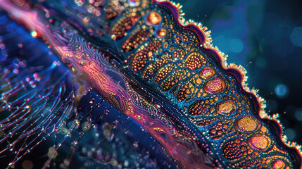 Stunning Close-Up of Vibrant Iridescent Patterns on a Jellyfish Tentacle in Deep Ocean Waters