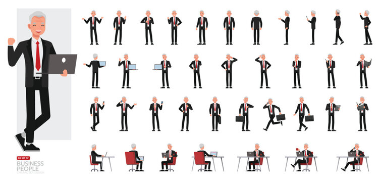 Big Set of Businessman wear black suit character vector design. People working in office planning, thinking and economic analysis. Presentation in various action.