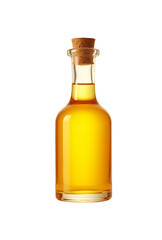 Amber Oil in Glass Bottle with Cork Stopper on White Background
