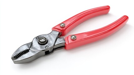 Red-handled pliers, silver metal head, closed jaws, laying on white surface, casting shadow