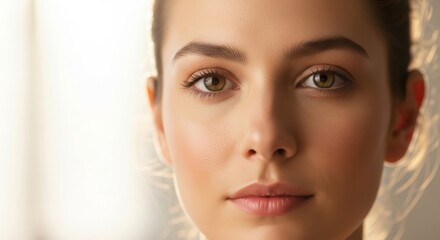 Fototapeta premium Woman's Face Close Up Portrait - Close-up portrait of a young woman with clear skin and hazel eyes. Soft natural light