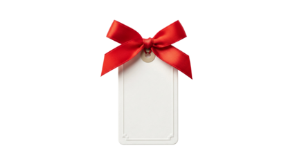Elegant blank gift tag with a vibrant red bow against black background