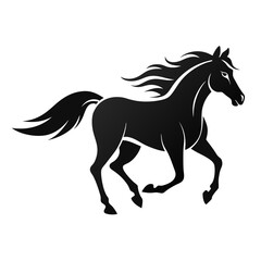 Elegant black silhouette of a galloping horse isolated on white background
