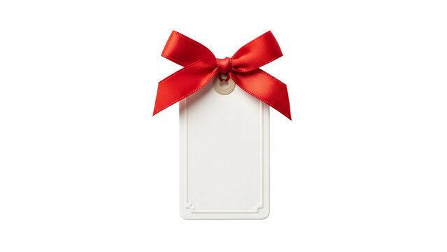 Elegant blank gift tag with a vibrant red bow against black background