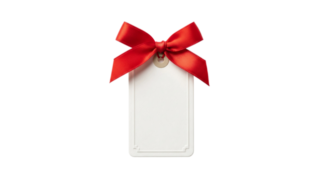 Elegant blank gift tag with a vibrant red bow against black background