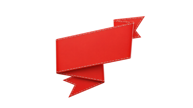 Vibrant Red Ribbon Banner with Stitching Detail on a Black Background