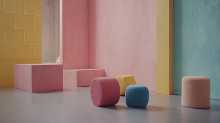 Pastel-colored room with geometric shapes