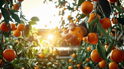 orange hand picking organic harvest. Lemon orchard with farmer harvesting ripe fruit under sunny skies.	
