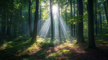 Obraz premium Exploring sunlight through lush forest canopy enchanted woods nature photography vibrant environment serene view captivating beauty