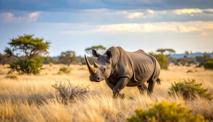 Fototapeta premium Rhino walking savanna grassland sunrise