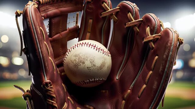 Baseball Glove with Baseball Ball Display on Stadium Background Detailed Sport Equipment Field Warm Lighting Arena