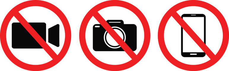 No Recording and Photography Sign – Red Circle Prohibition Icons for Video Camera, Photo Camera, and Smartphone Use on White Background