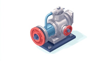 Isometric shiny engine with red accents and blue pipe on a dark base