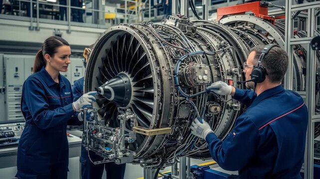Two aircraft engineers, a woman and a man wearing headsets, are inspecting and working on a large turbofan engine in a brightly lit maintenance facility