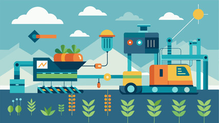 Obraz premium Automated harvesting machinery guided by a digital platform reducing labor costs and improving efficiency.. Vector illustration