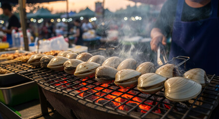 A thai clams on a hot charcoal grill