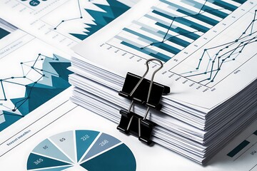 Stacked financial reports with graphs and charts analysis business