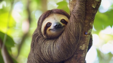 Fototapeta premium Sloth hanging from tree branch tropical rainforest nature photography lush environment close-up view wildlife concept