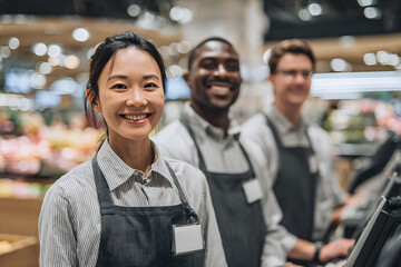 A diverse team of male and female workers--Asian, Black, and White--standing behind the checkout counters of a new supermarket,
