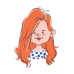 Redhead child girl avatar. Cute portrait of a female child with funny freckles on a happy face. User profile of a pretty red hair schoolgirl. Hand drawn vector illustration of an adorable little kid.