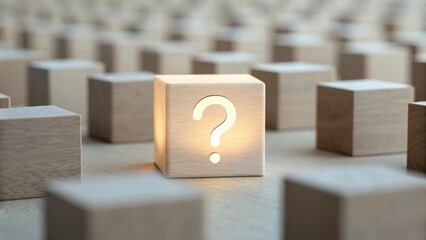 Cube with illuminated question mark floating above a sea of neutral blocks — curiosity sparking business solutions
