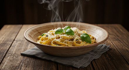 Pasta Perfetto: Deliciously crafted tagliatelle nests with creamy sauce, fresh basil, and grated cheese, steaming invitingly on a rustic wooden table.