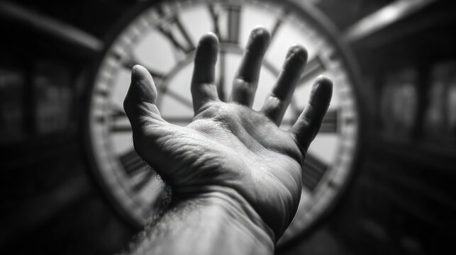 A hand reaching towards a large clock