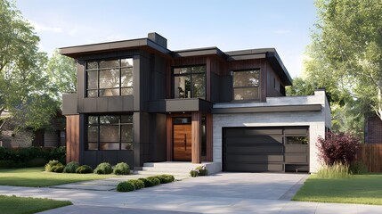 Obraz premium A modern two-story residence with dark siding and wood accents stands prominently on a lush green lawn, showcasing contemporary architectural design and inviting curb appeal.