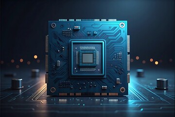 Fototapeta premium Blue circuit board with central processor and glowing lights