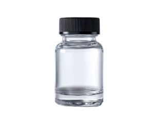 Against a pure white background, the white round transparent bottle is matched with a black bottle cap, which is simple and stylish. The white transparent bottle contains a small amount of liquid