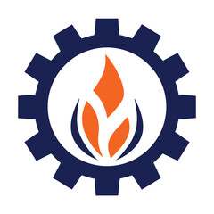 Dark blue gear with orange flame wheel industrial