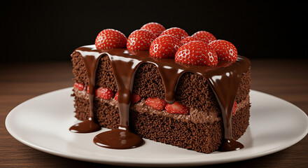 Chocolate Strawberry Cake Delight: A delectable slice of chocolate cake is adorned with fresh strawberries and drizzled with rich chocolate ganache, presenting a symphony of flavors and textures.