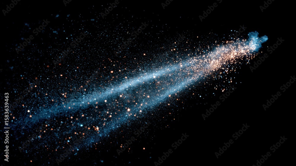 Poster a stunning visual of sparkling particles that illustrate movement through space, evoking the wonders