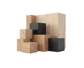 Abstract Wood Block Composition: Brown and Black Cubes on White Background
