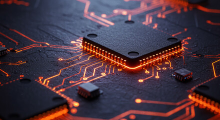 Digital Circuit Board: A close-up view of a modern circuit board, showcasing intricate patterns of electronic pathways with illuminated components.